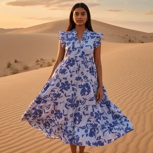 Umgee Blue and White Floral Maxi Dress Smocked Neckline Flutter Sleeves